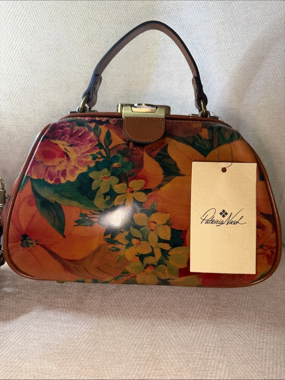 Patricia Nash Floral Printed Leather Satchel in Brown and Green